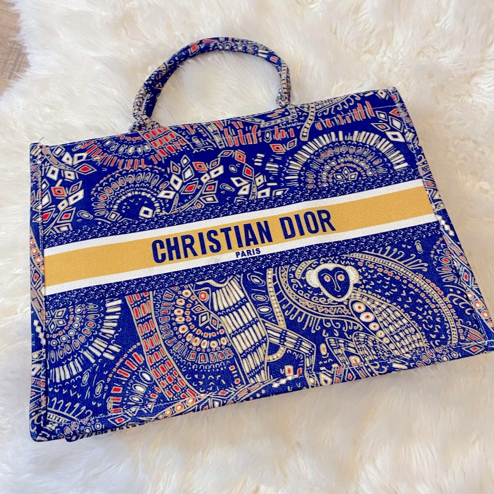 Christian Dior Paris Tote Handbag Laptop Carrier Purse Blue Beige Orange Print